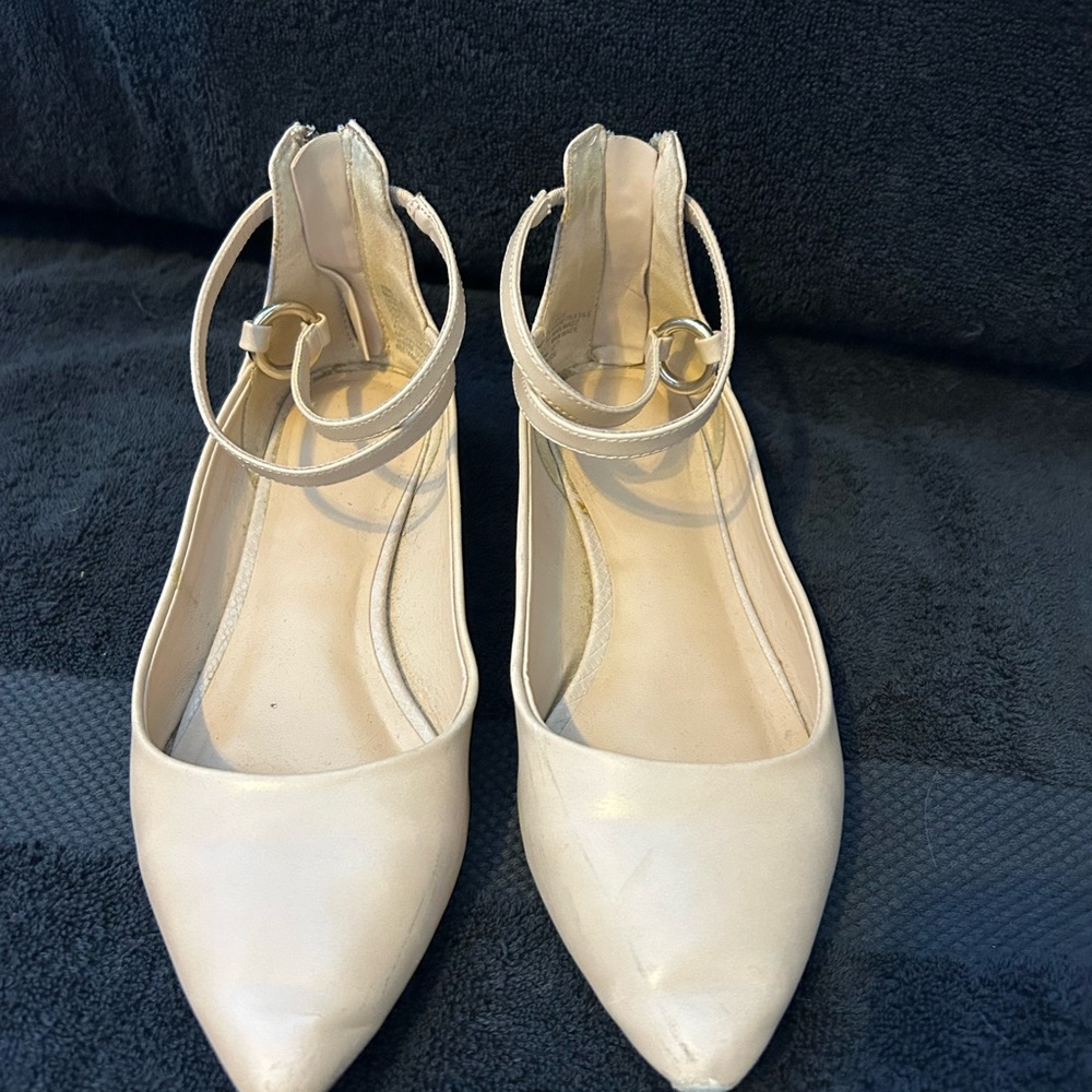 Cream Ankle Strap Flats with Pointed Toe